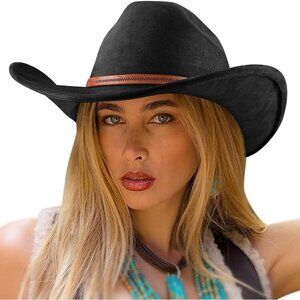 Women's Black Western Faux Leather Band Buckle Classic Fedora Cowboy Felt Hat